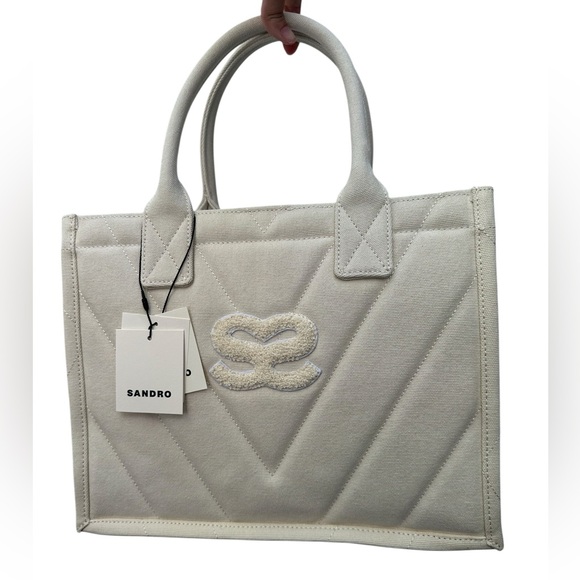 NWT Sandro Kasbah Quilted Monogram Tote Bag in Ecru Ivory - Picture 1 of 11